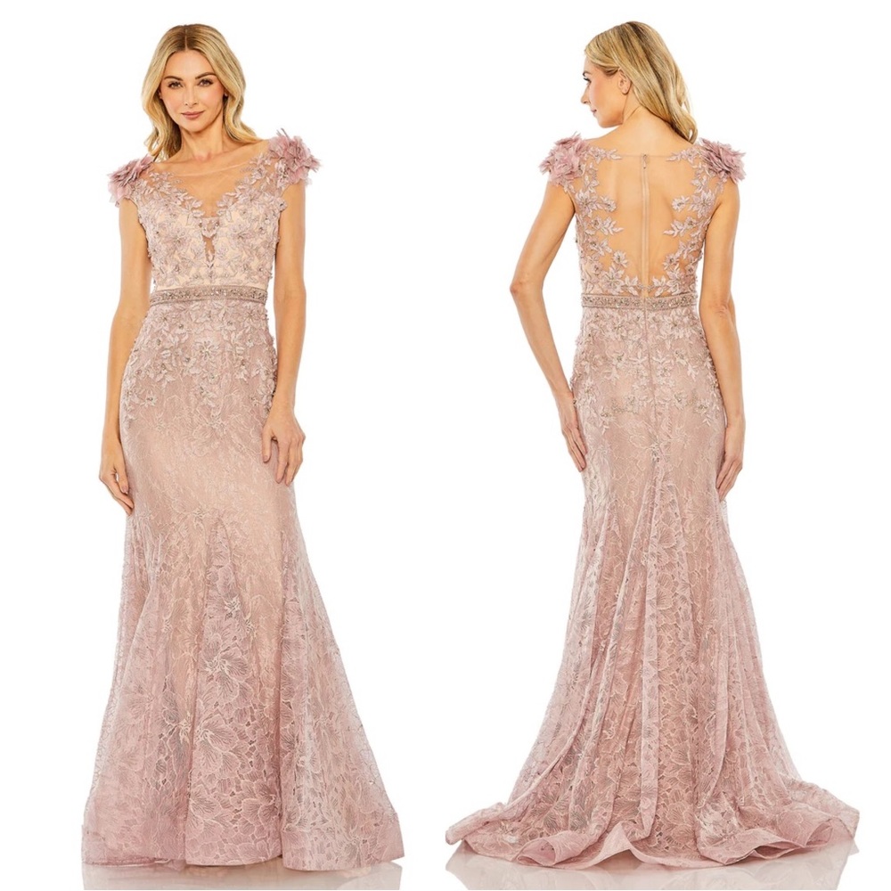 Mac Duggal Blush Pink Embellished Lace Maxi Gown